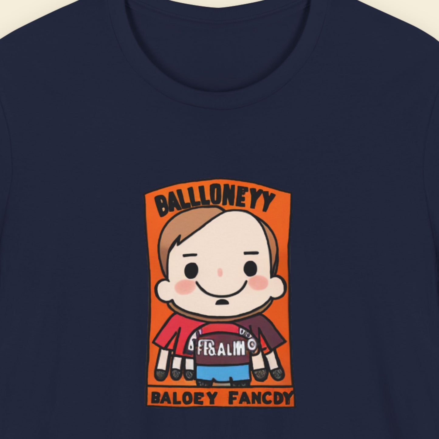 Navy blue t-shirt with a fun, colorful cartoon illustration on a beige background.