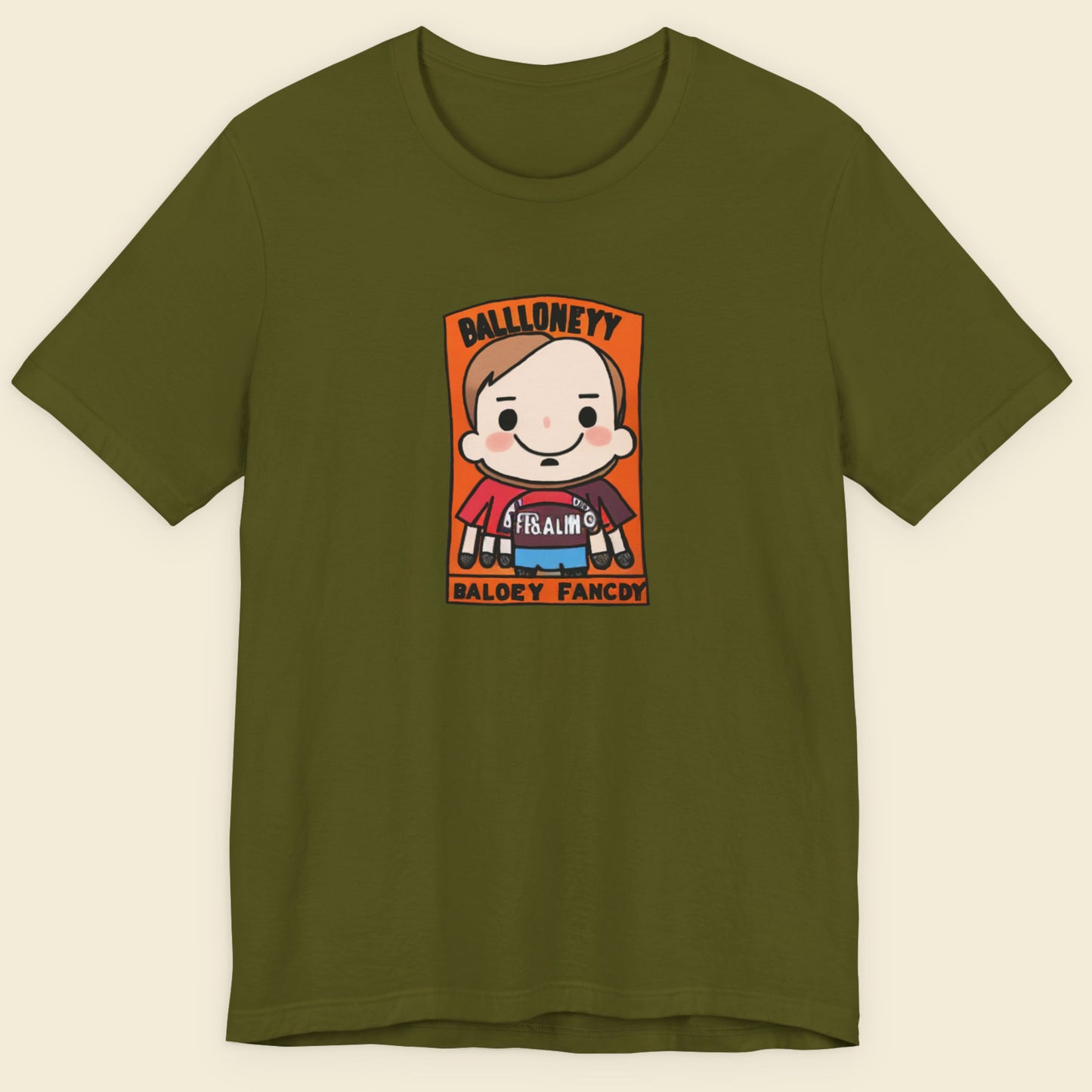 Green t-shirt with a fun, colorful cartoon illustration on a beige background.