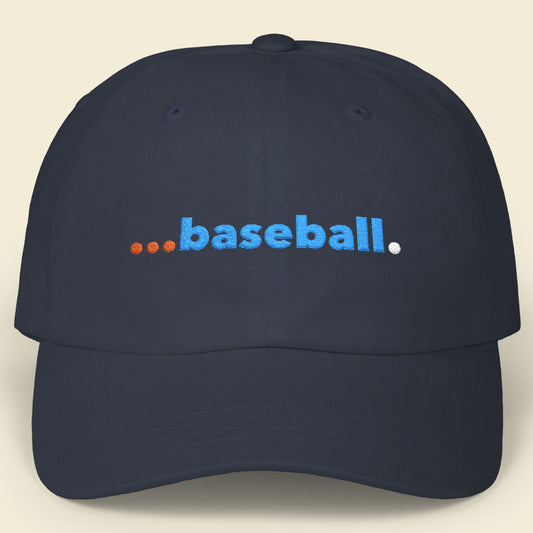 Navy blue cap with 'baseball' text in blue and orange on a beige background.