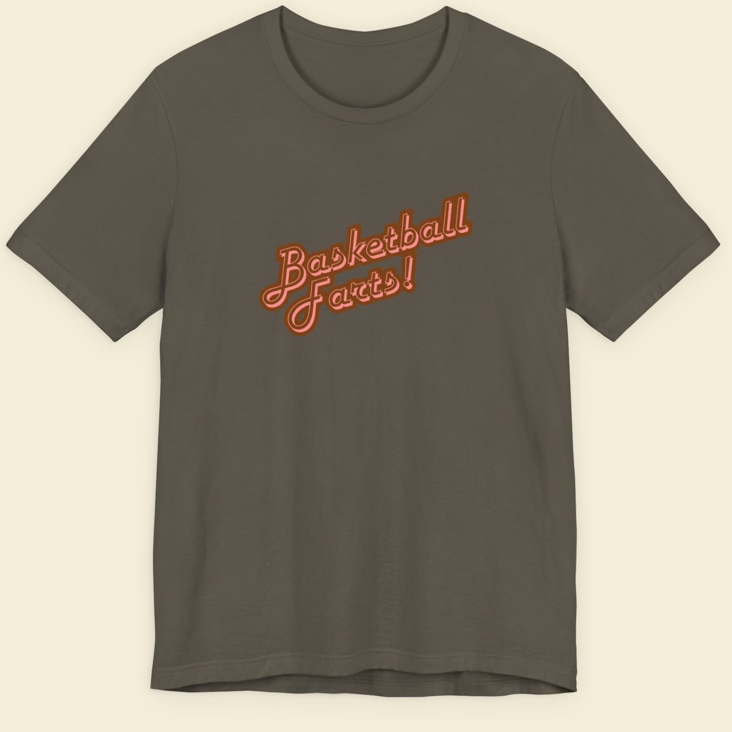 Brown t-shirt with two-tone red text reading 'Basketball Farts!' on a beige background.