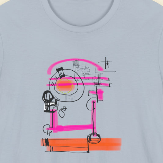 Blue t-shirt with a colorful abstract drawing on a beige background.