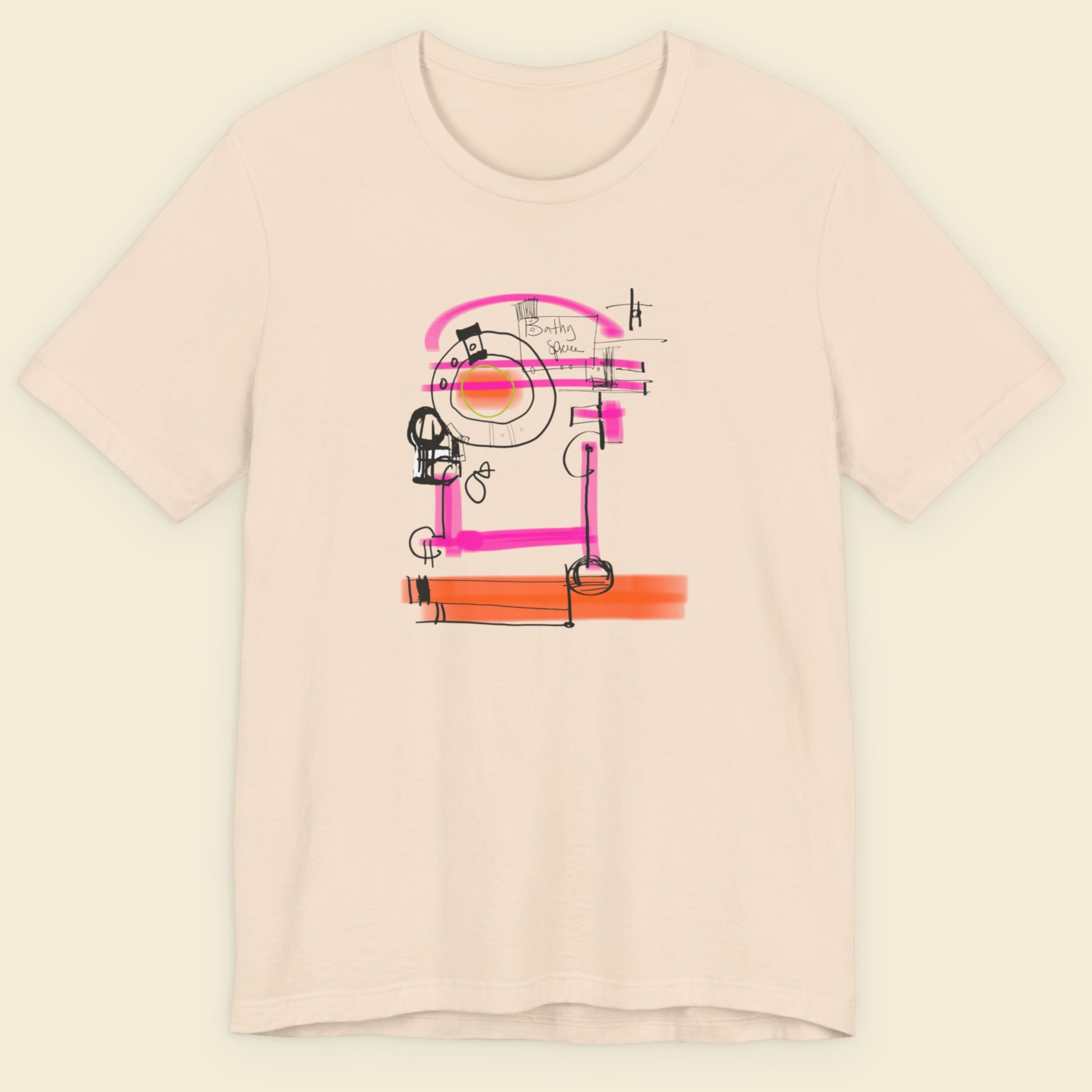 Beige t-shirt with a colorful abstract drawing on a beige background.
