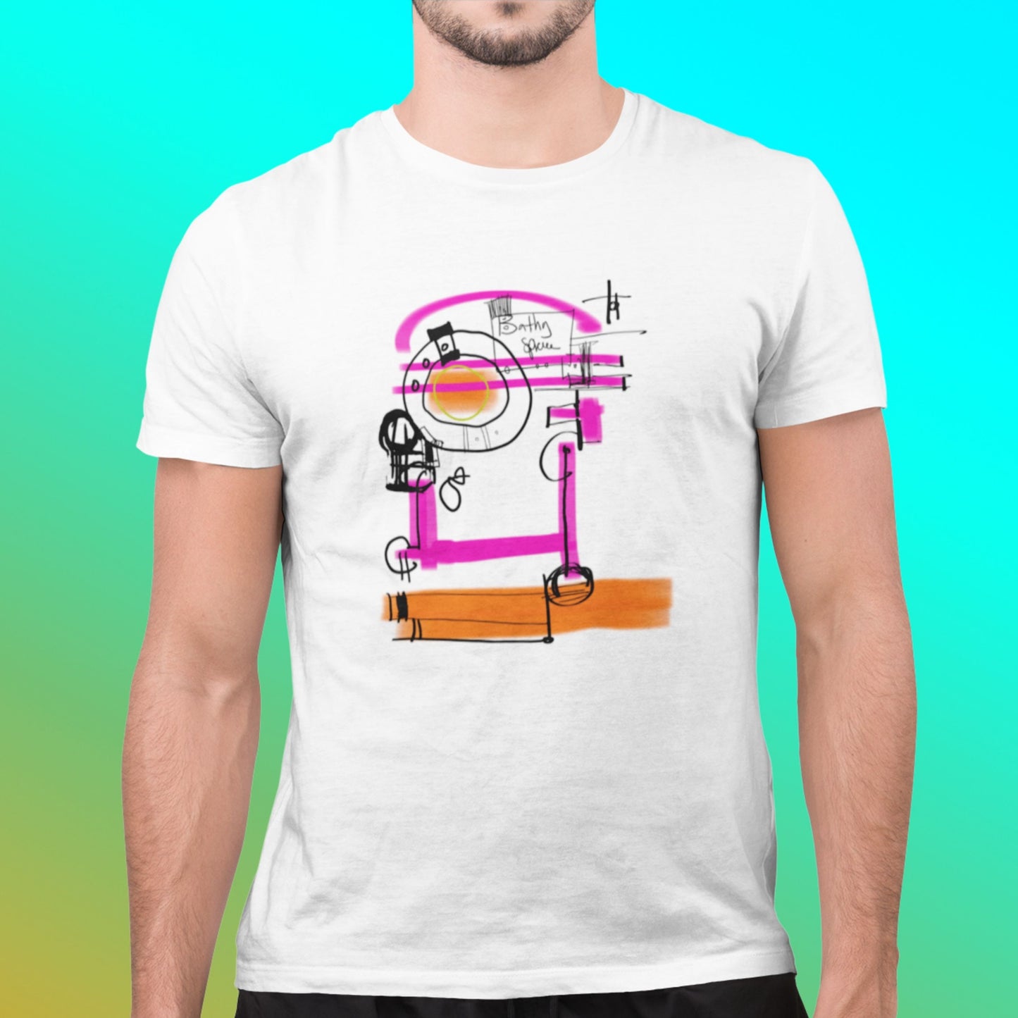 Headless man wearing a white t-shirt with a colorful abstract drawing on a multicolored background.