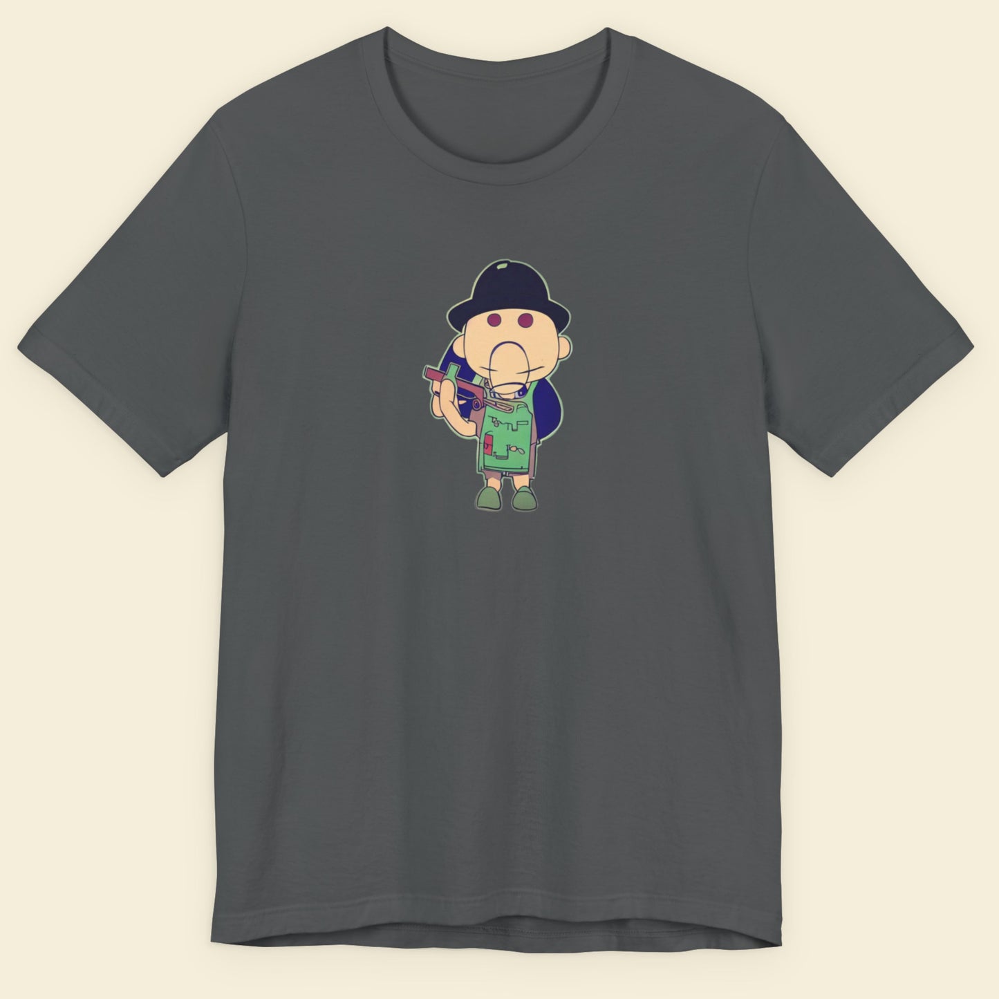 Dark grey t-shirt with a fun, colorful cartoon illustration on a beige background.