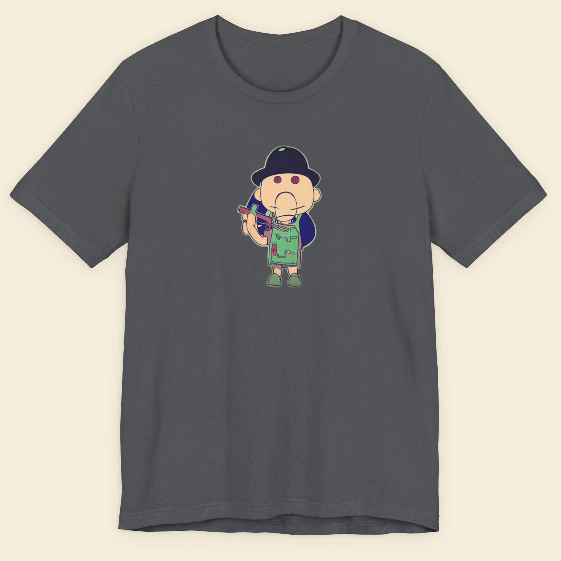 Dark grey t-shirt with a fun, colorful cartoon illustration on a beige background.