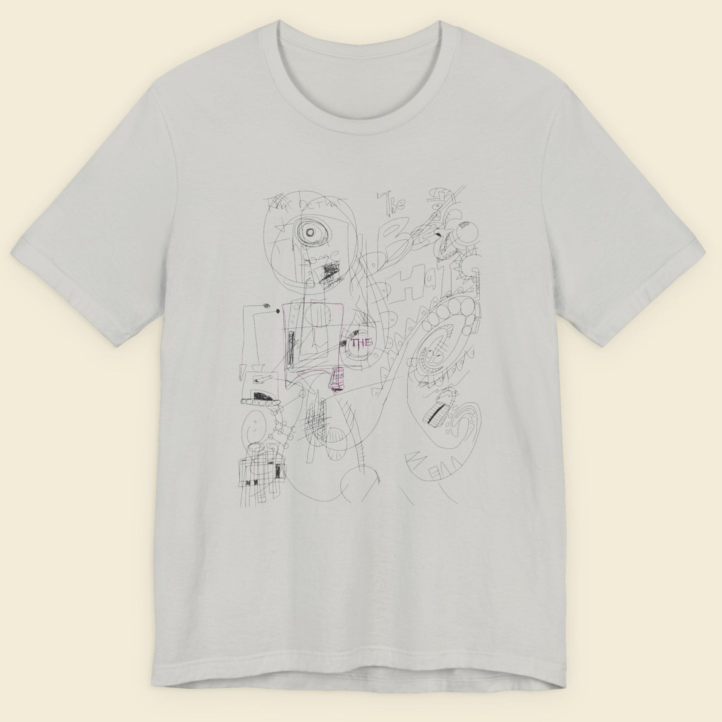 Light gray t-shirt with black line art design on a beige background.