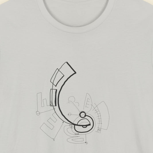 Grey t-shirt with an abstract line drawing on a beige background.