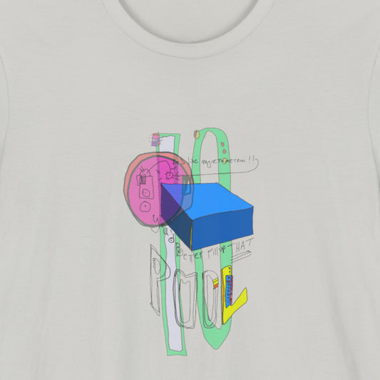 Light grey t-shirt with a colorful abstract drawing.