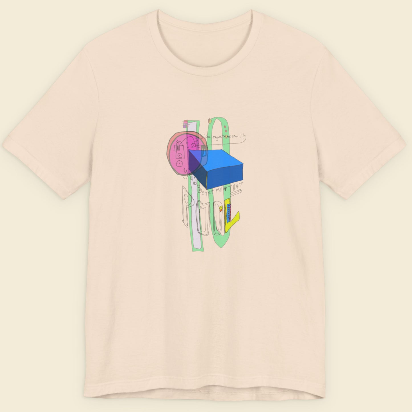 Beige t-shirt with a colorful abstract drawing on a beige background.