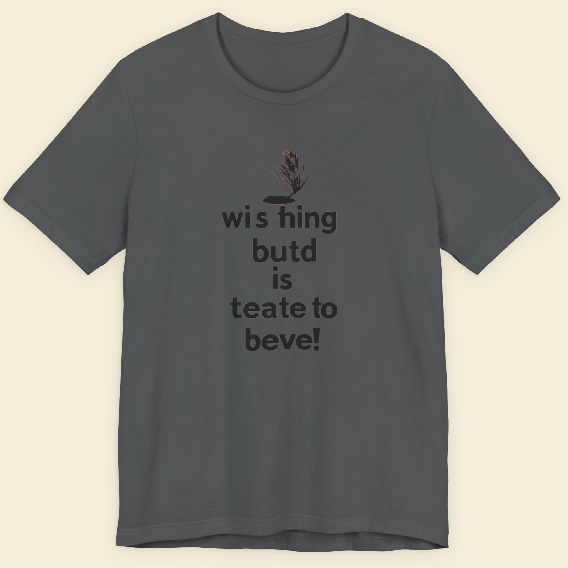 Grey t-shirt with humorous text on a beige background.
