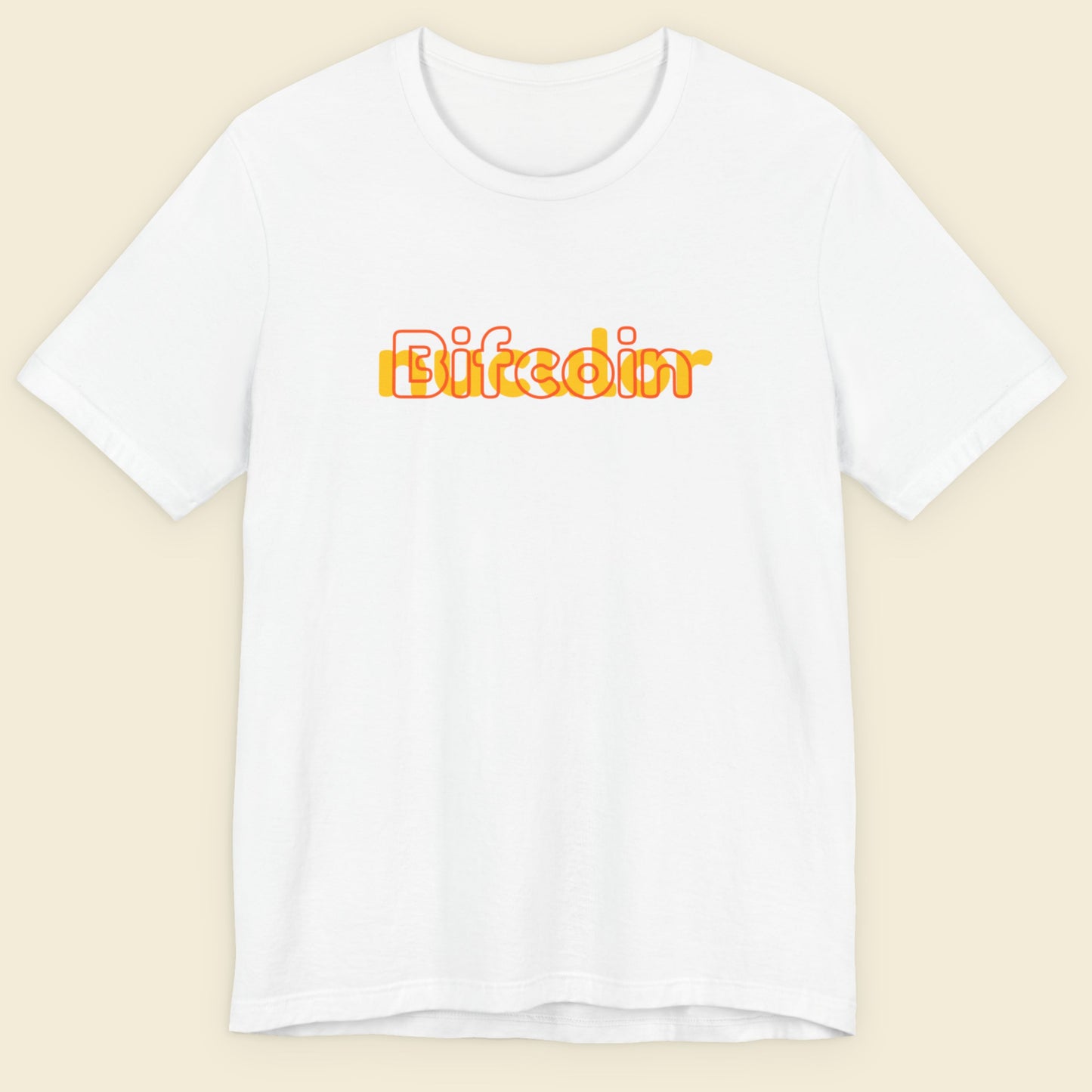 White t-shirt with orange text on a beige background