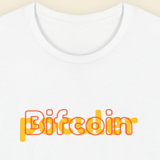White t-shirt with 'Bifcoin' printed in orange and yellow on a beige background.