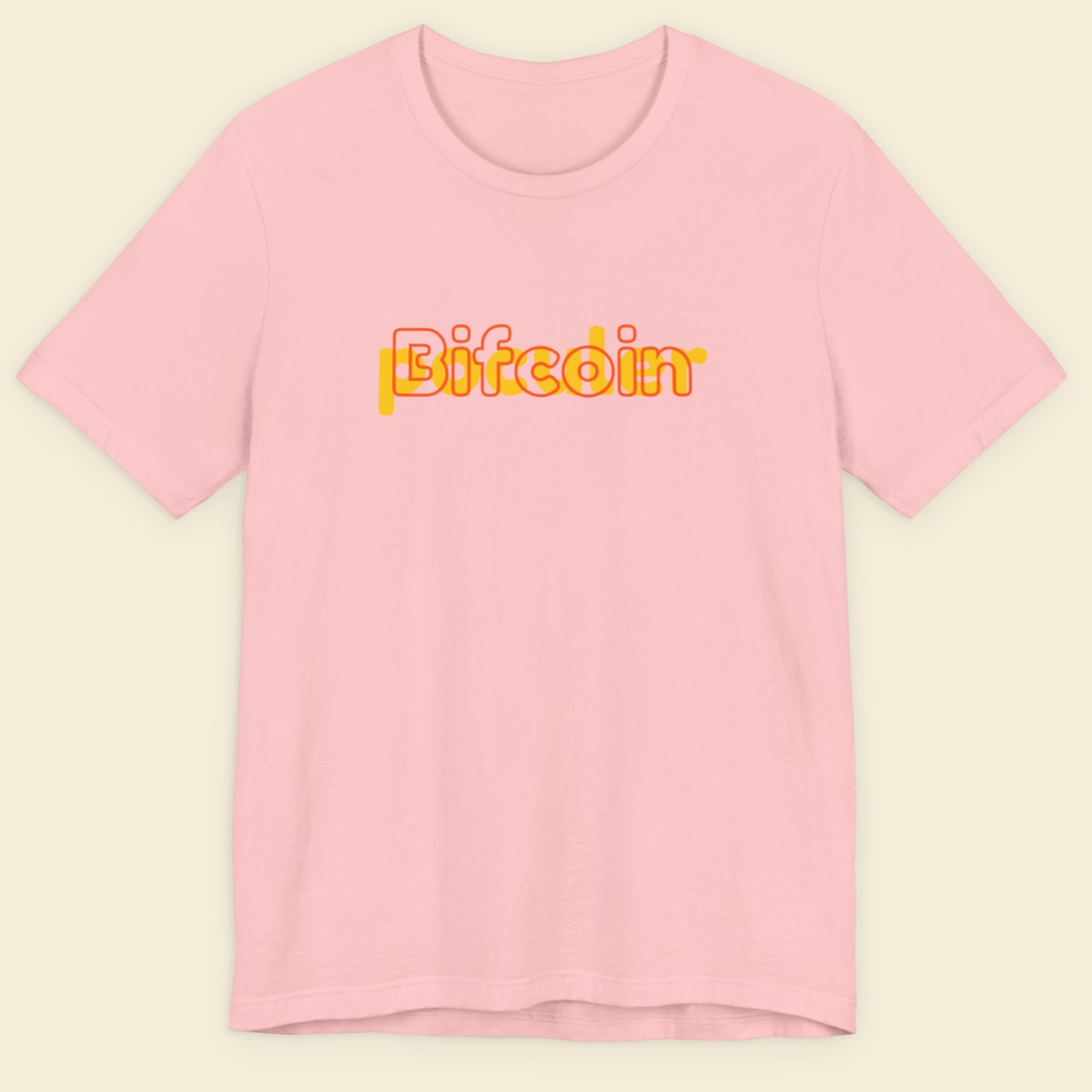 Pink t-shirt with 'Bifcoin' printed in yellow on a beige background.