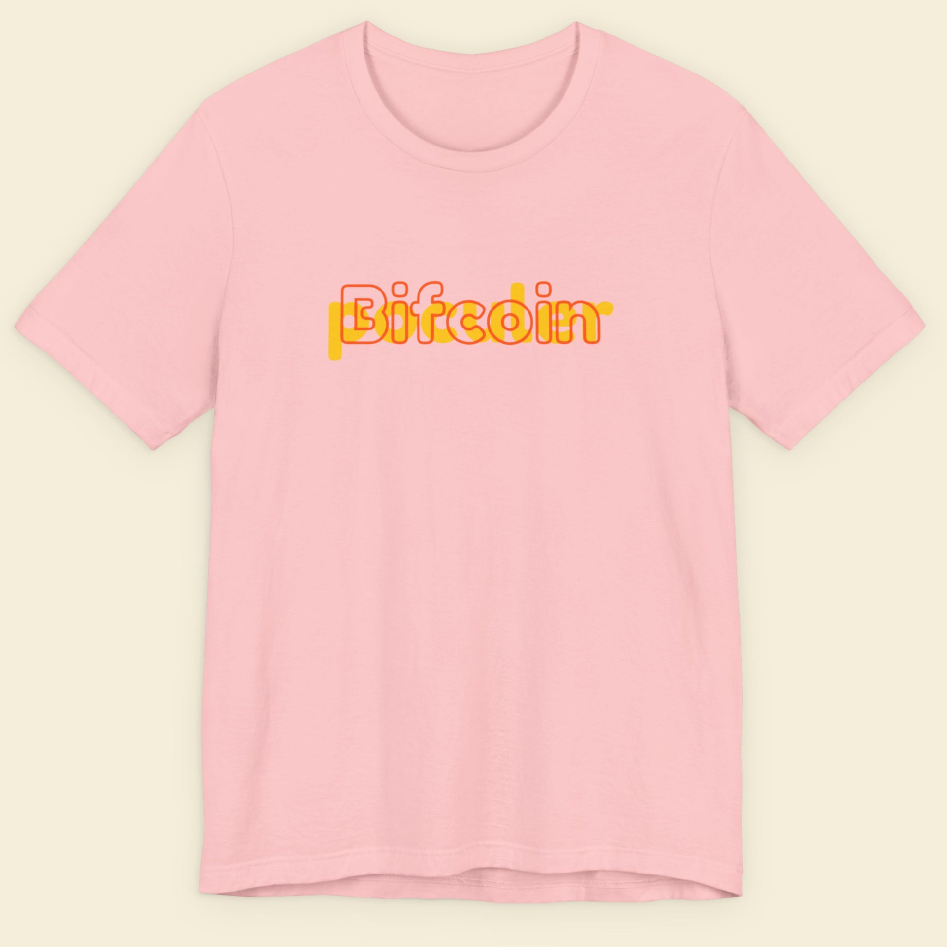 Pink t-shirt with 'Bifcoin' printed in yellow on a beige background.