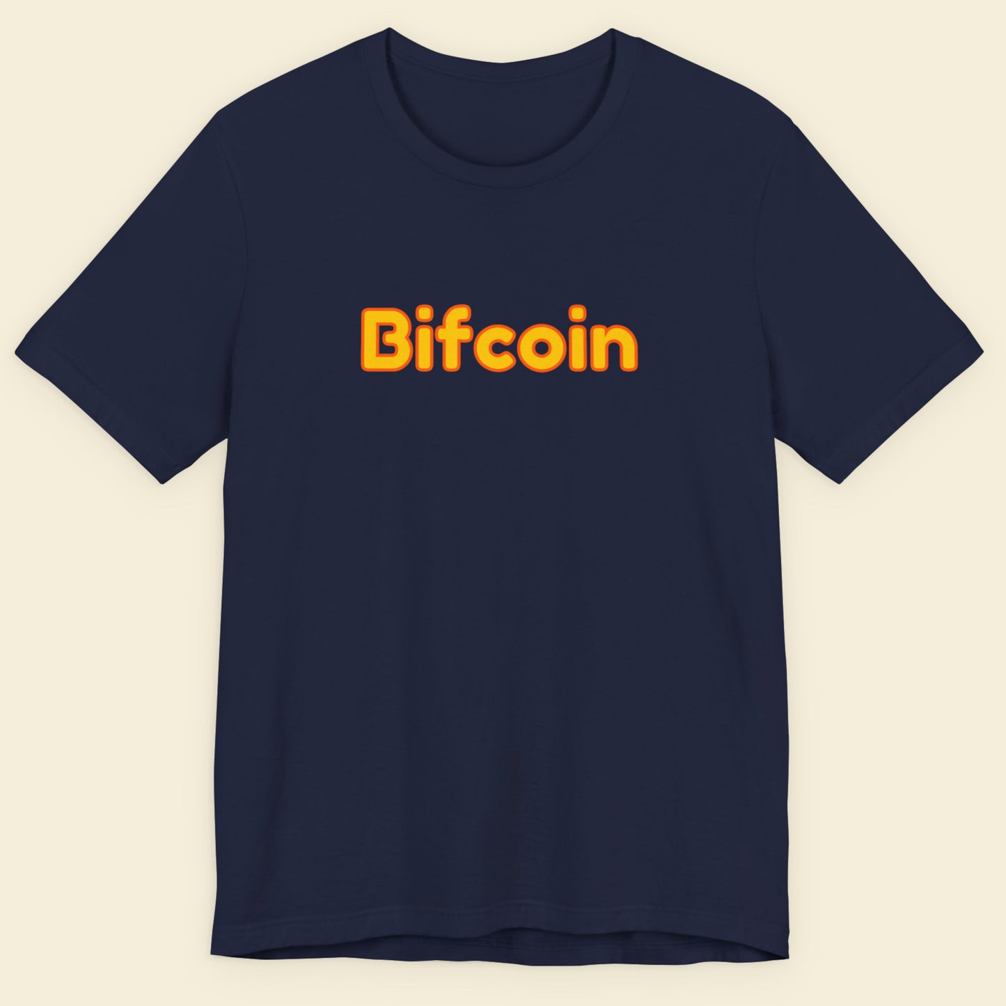 Navy blue t-shirt with 'Bifcoin' printed in orange on a beige background.