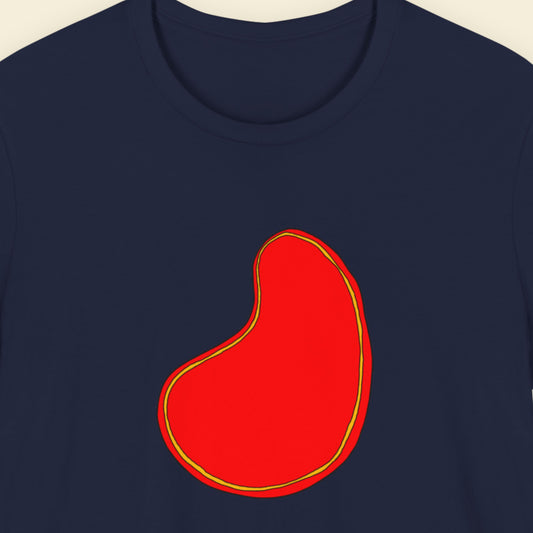 Navy t-shirt with a colorful abstract drawing on a beige background.