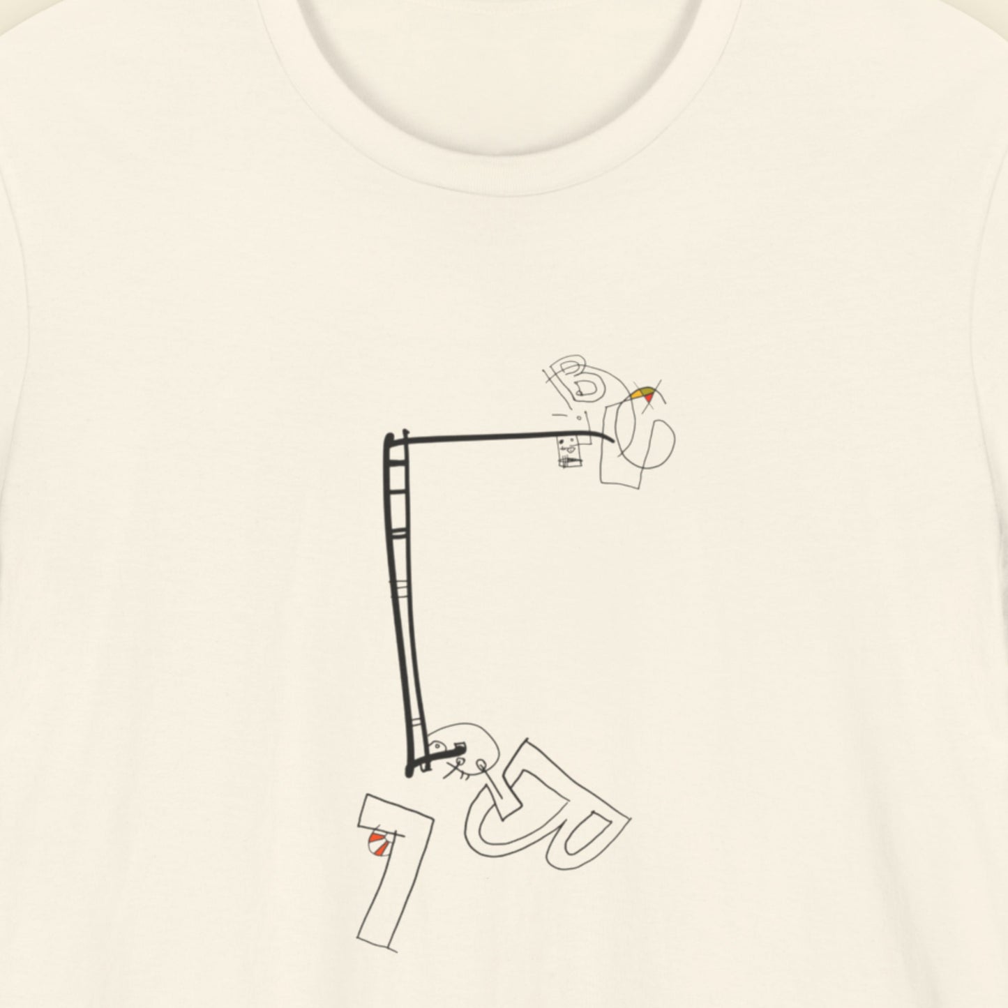 Beige t-shirt with a minimal abstract drawing on a beige background.