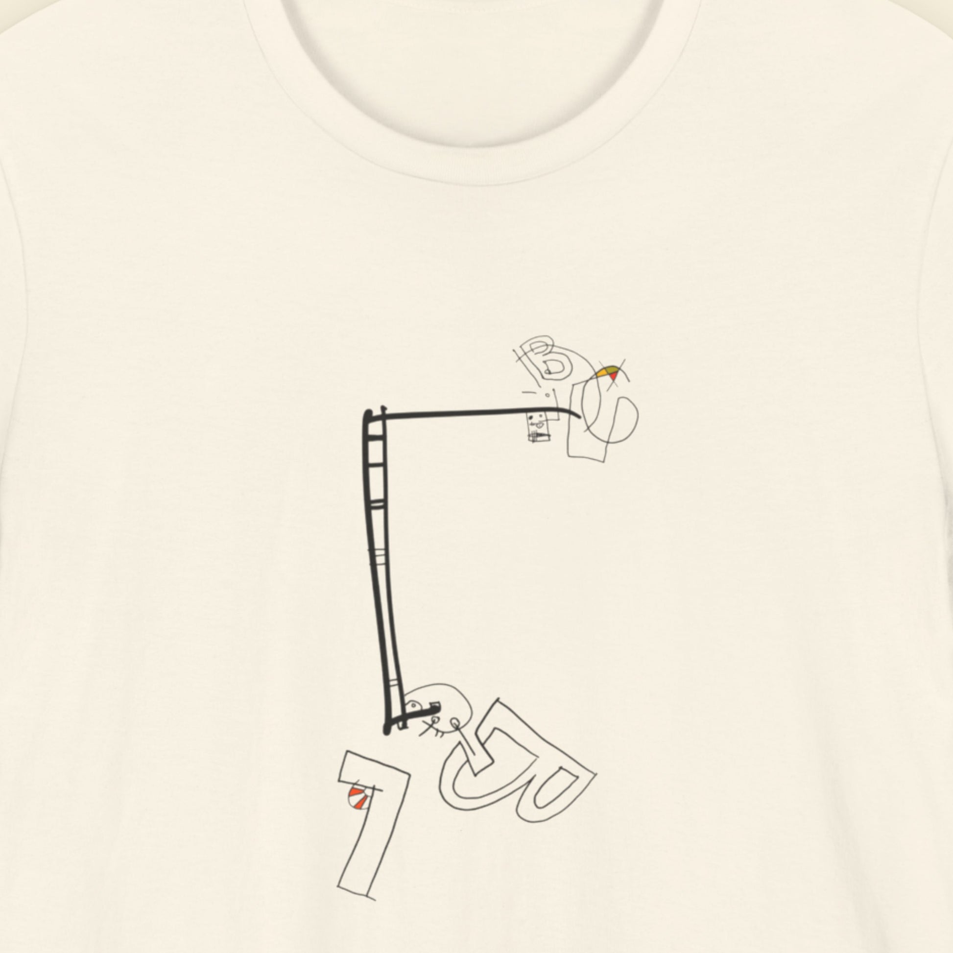 Beige t-shirt with a minimal abstract drawing on a beige background.