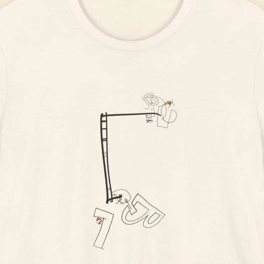 Beige t-shirt with a minimal abstract drawing on a beige background.