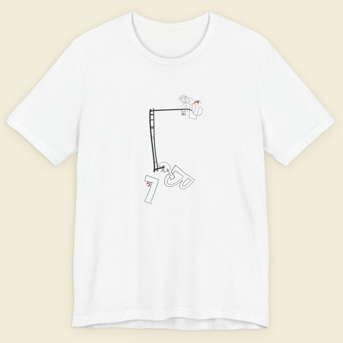White t-shirt with a black graphic design on a beige background