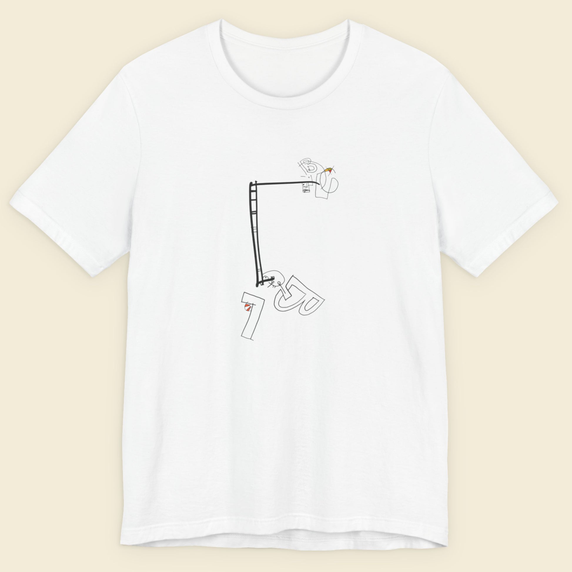 White t-shirt with a black graphic design on a beige background