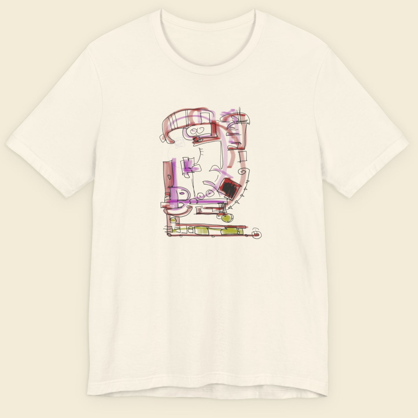 Off-White t-shirt with a colorful robot graphic on a beige background.