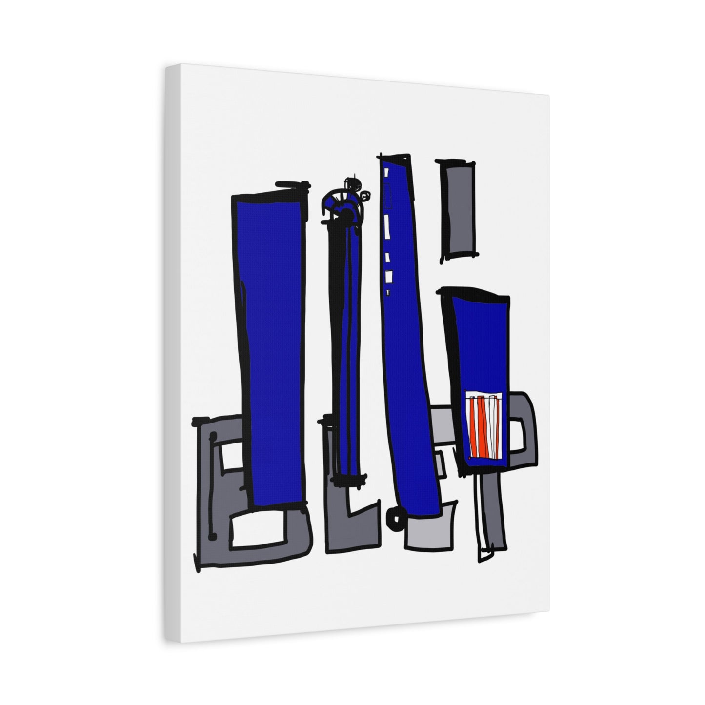 Angled view of an abstract artwork with blue and gray shapes on a white background.