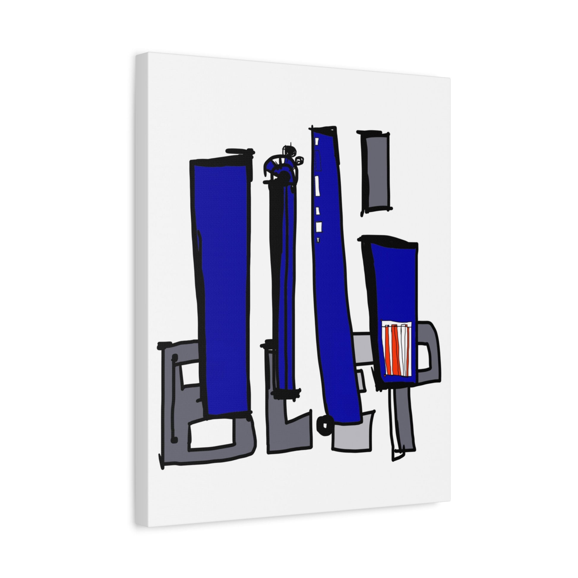 Angled view of an abstract artwork with blue and gray shapes on a white background.