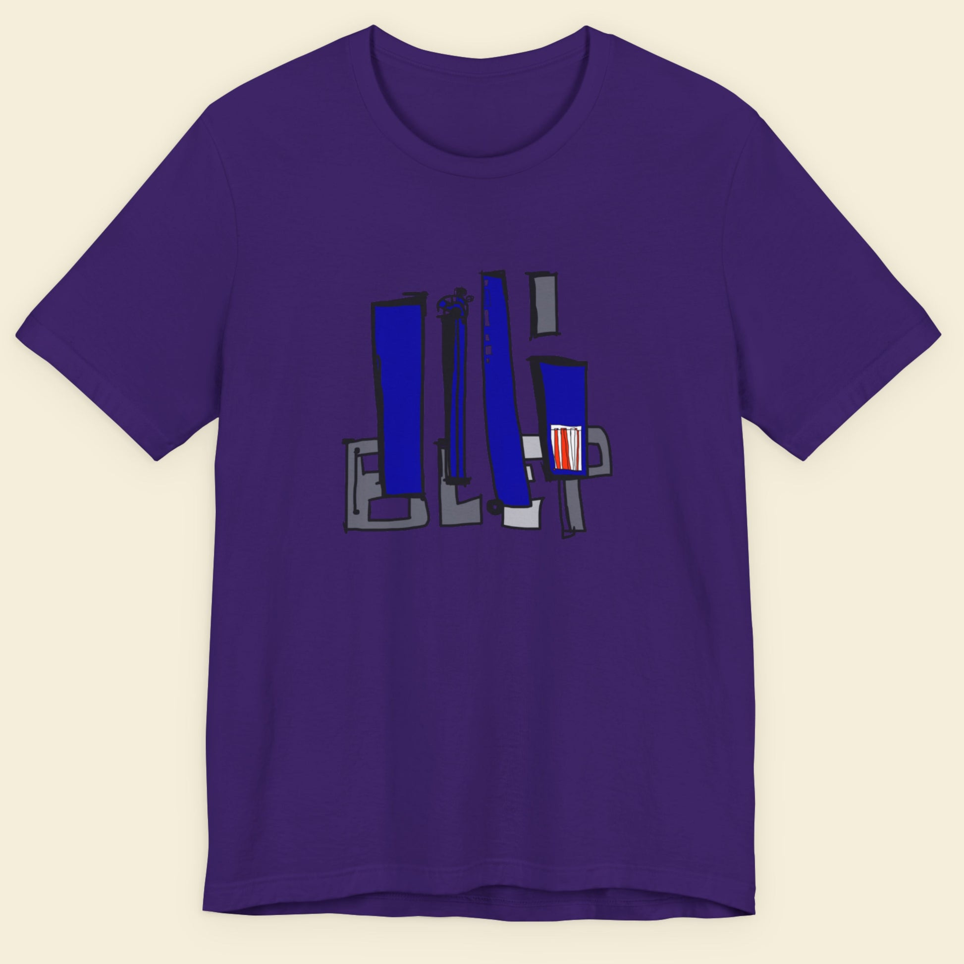 Purple t-shirt with a colorful abstract drawing on a beige background.