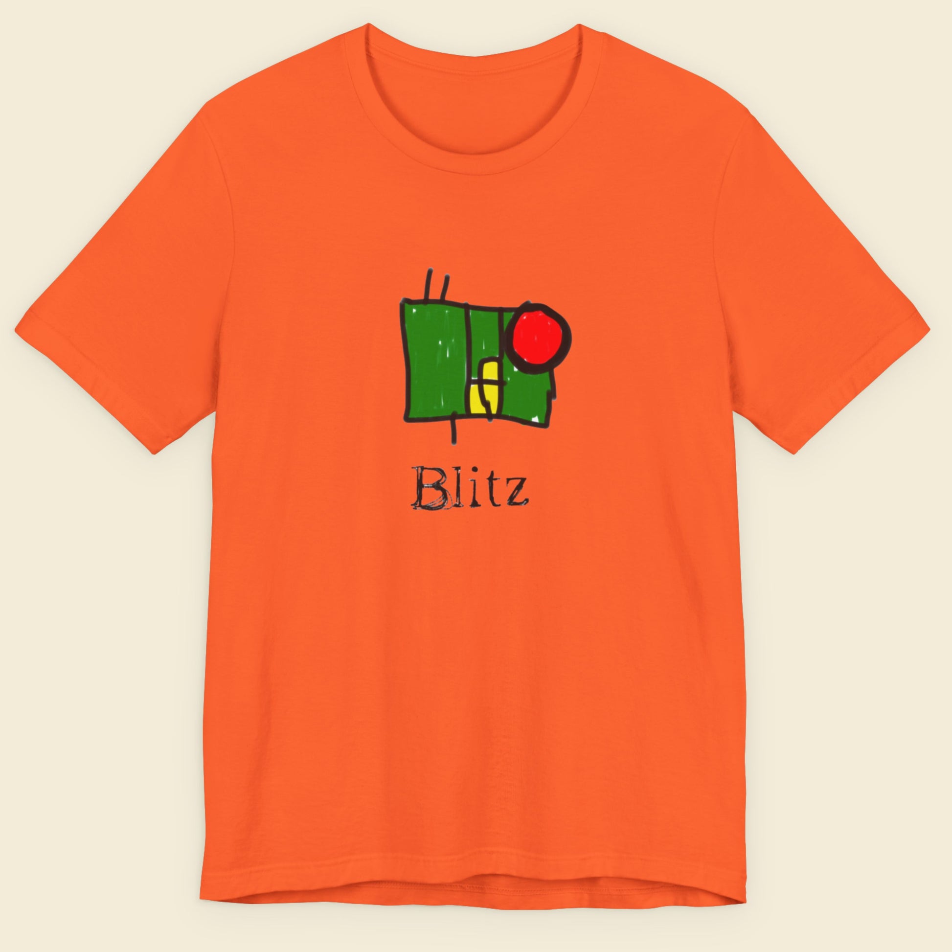Orange t-shirt with a graphic design and the word 'Blitz' on a beige background.