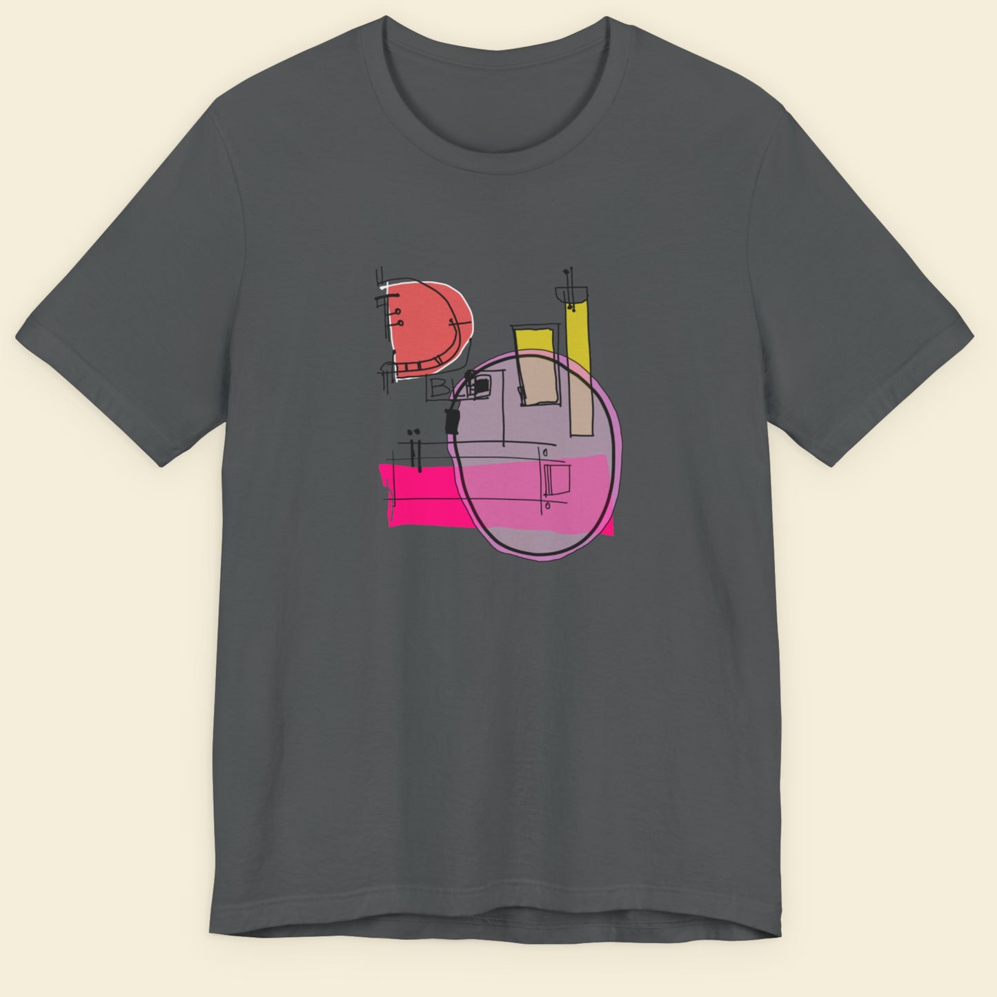 Grey t-shirt with a colorful abstract drawing on a beige background.