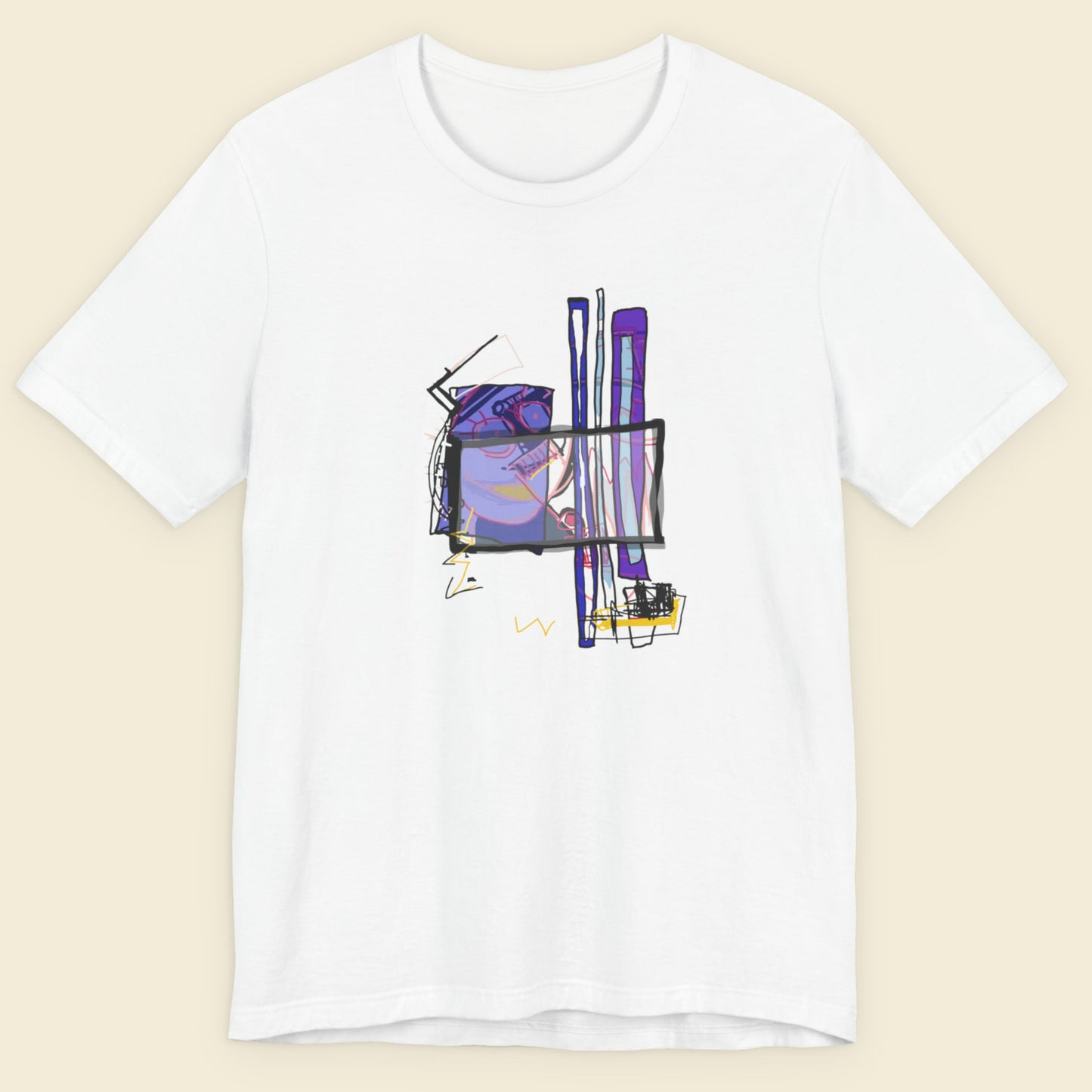White t-shirt with abstract colorful design on a beige background.