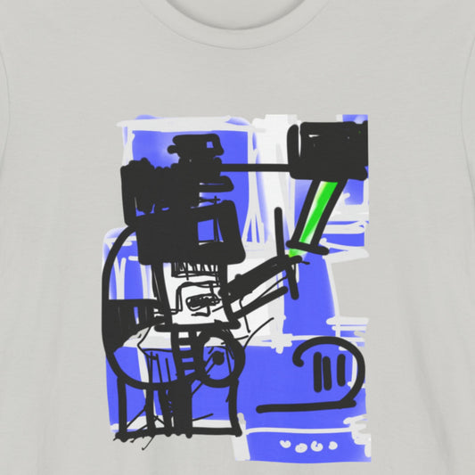 Light grey t-shirt with a colorful abstract drawing on a beige background.