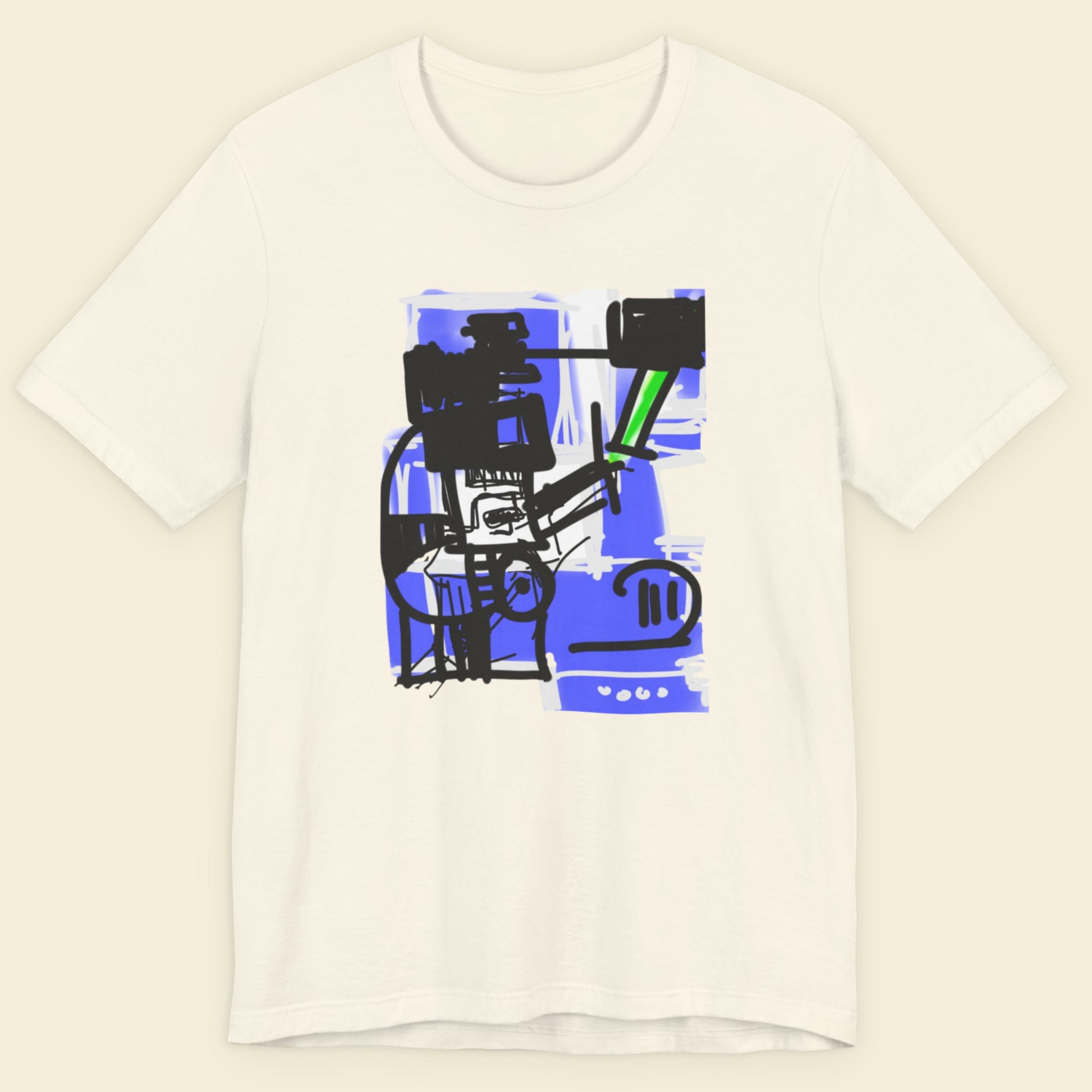 Off-White t-shirt with abstract black and blue design on a beige background.