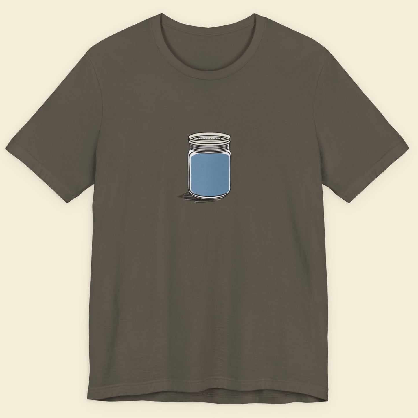 Dark gray t-shirt with a small graphic of a jar on a beige background