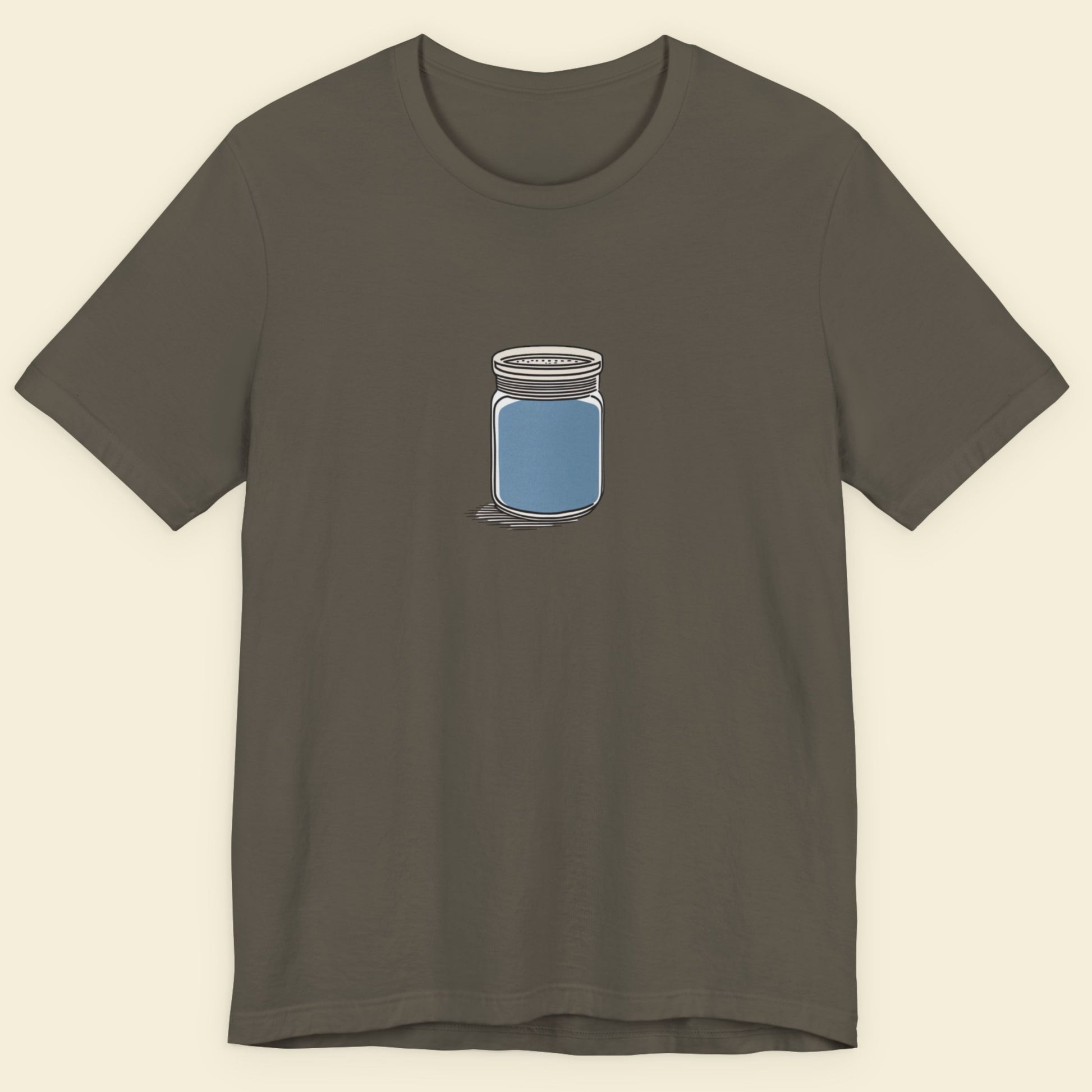 Dark gray t-shirt with a small graphic of a jar on a beige background