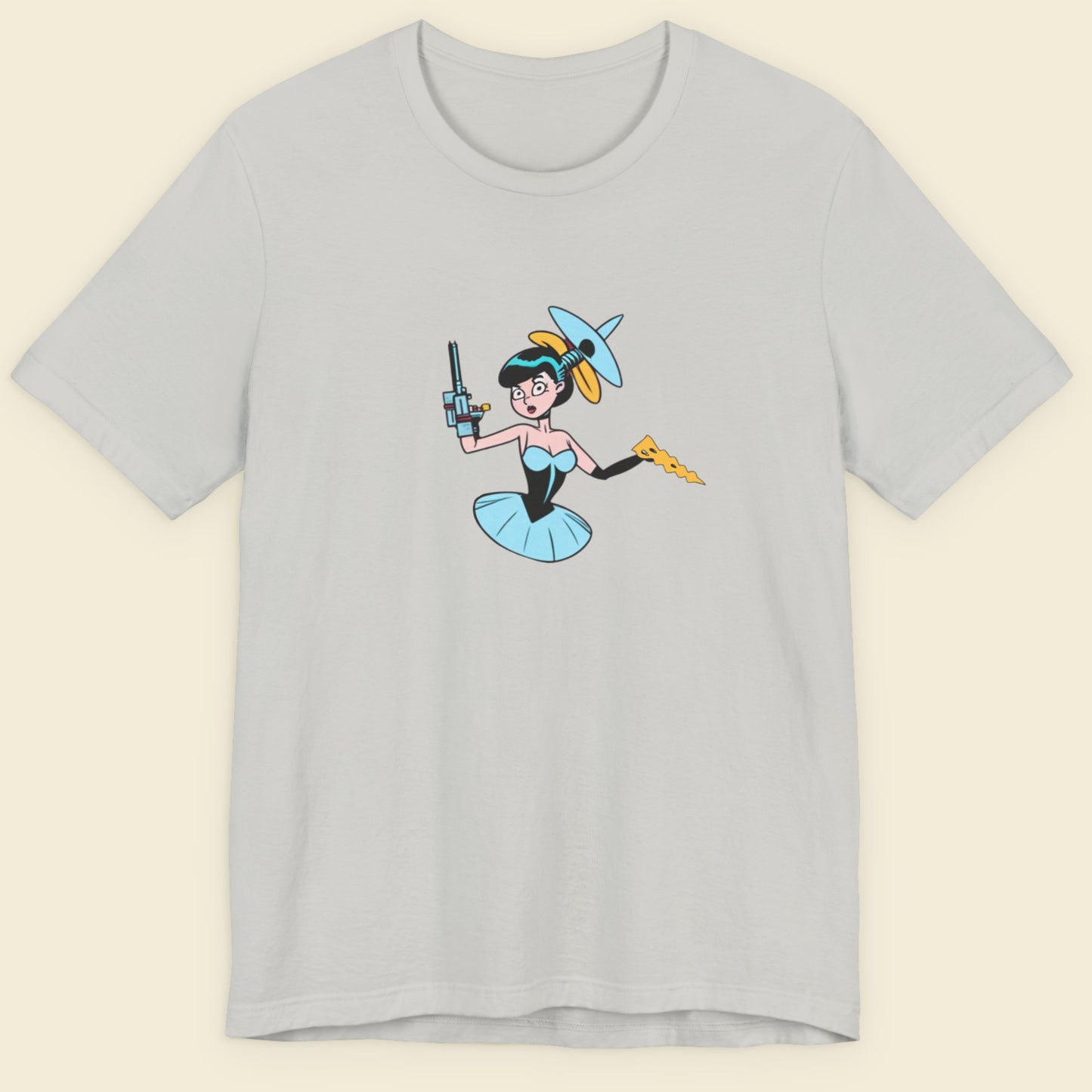 Light grey shirt with a fun, colorful cyborg cartoon illustration on a beige background.