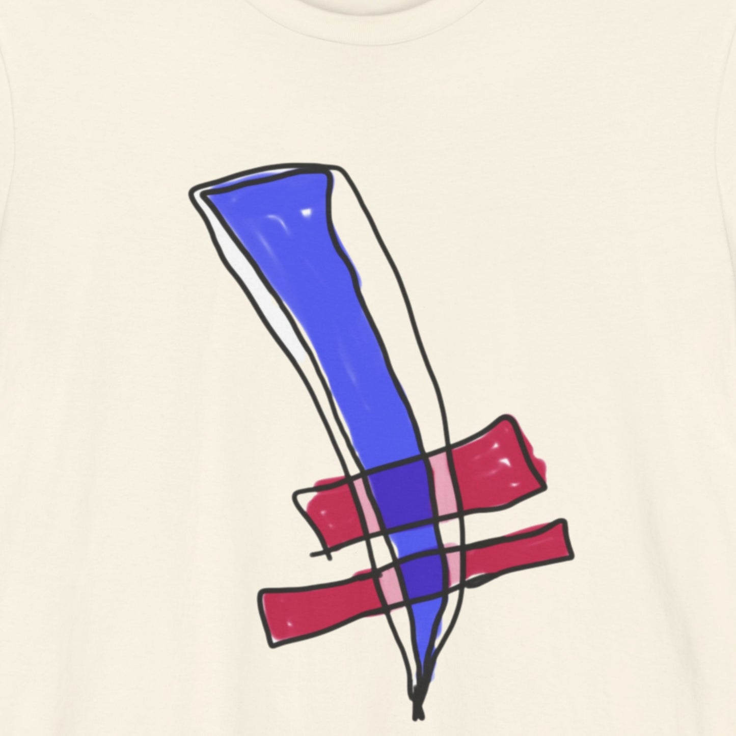 Off-White t-shirt with a colorful abstract drawing on a beige background.