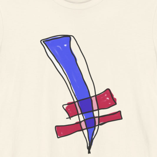 Off-White t-shirt with a colorful abstract drawing on a beige background.