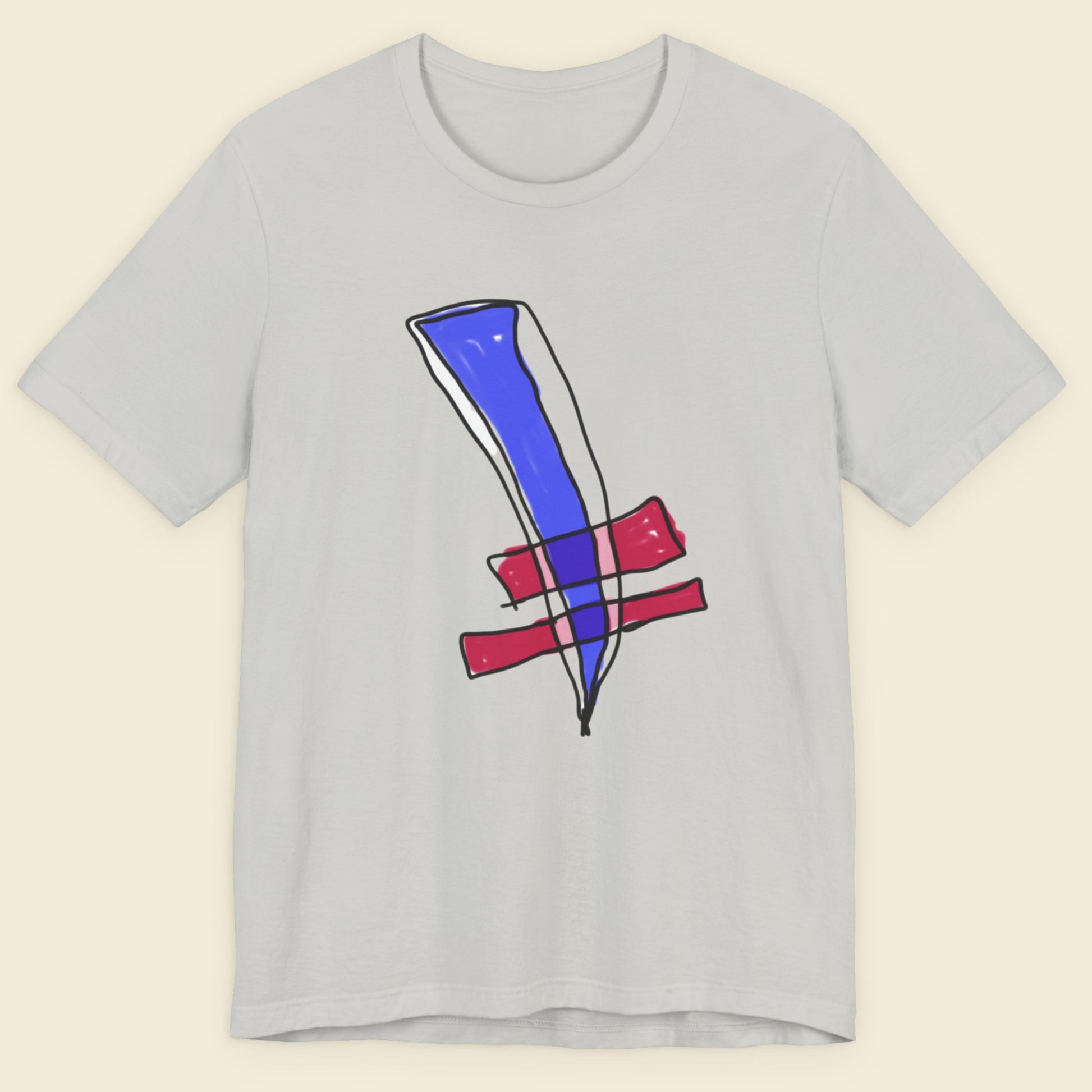 Grey t-shirt with a colorful abstract drawing on a beige background.