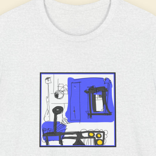 Ash grey t-shirt with a colorful abstract drawing on a beige background.