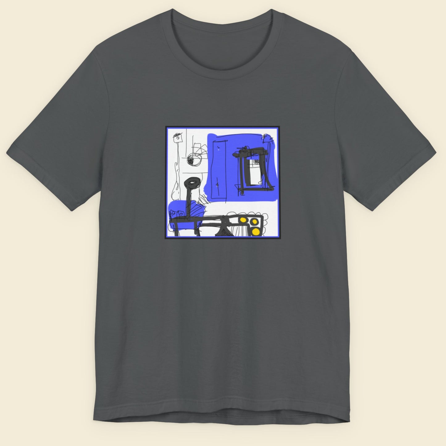 Dark grey t-shirt with a colorful abstract system drawing on a beige background.