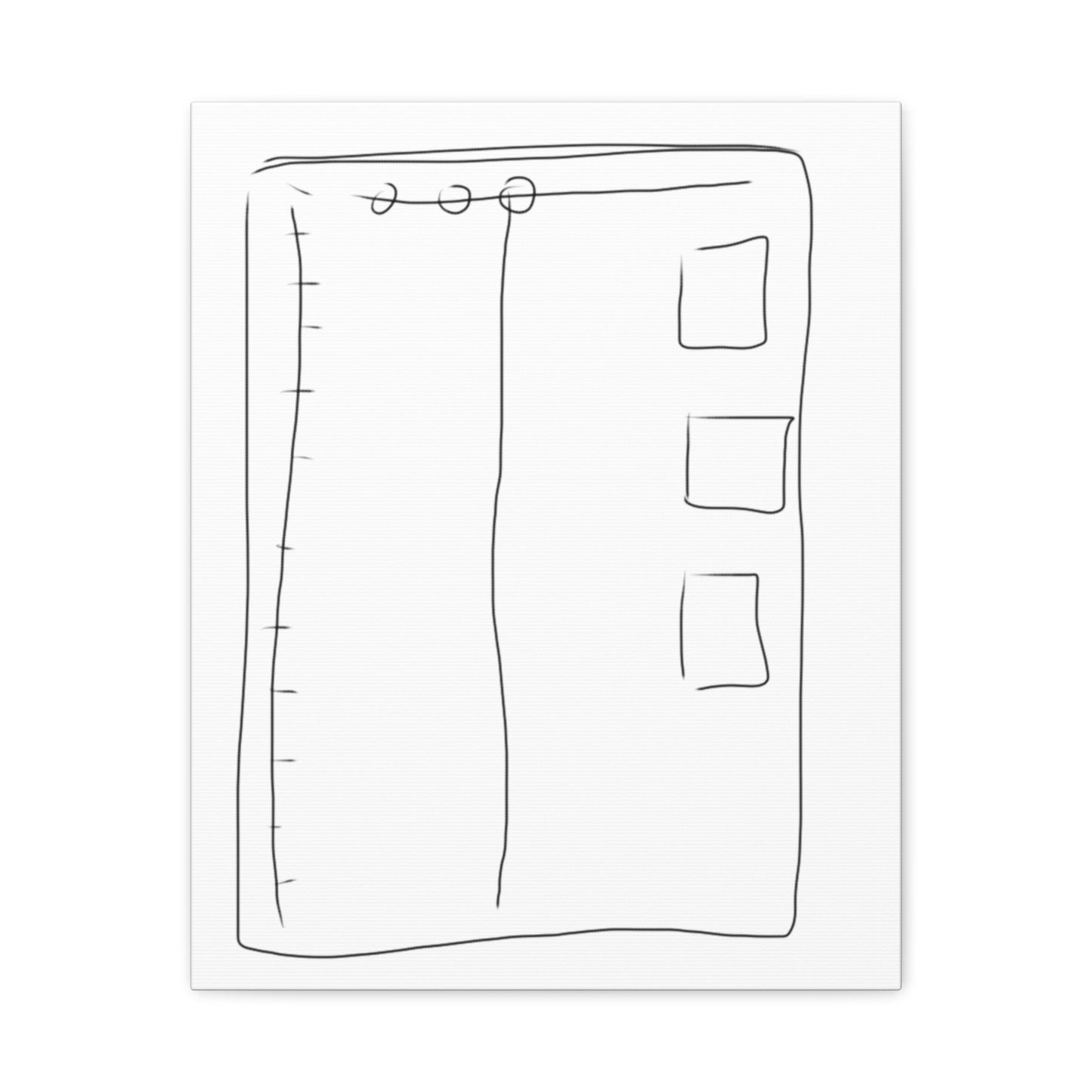 Black line drawing of a rectangular object with circular elements on a white background.