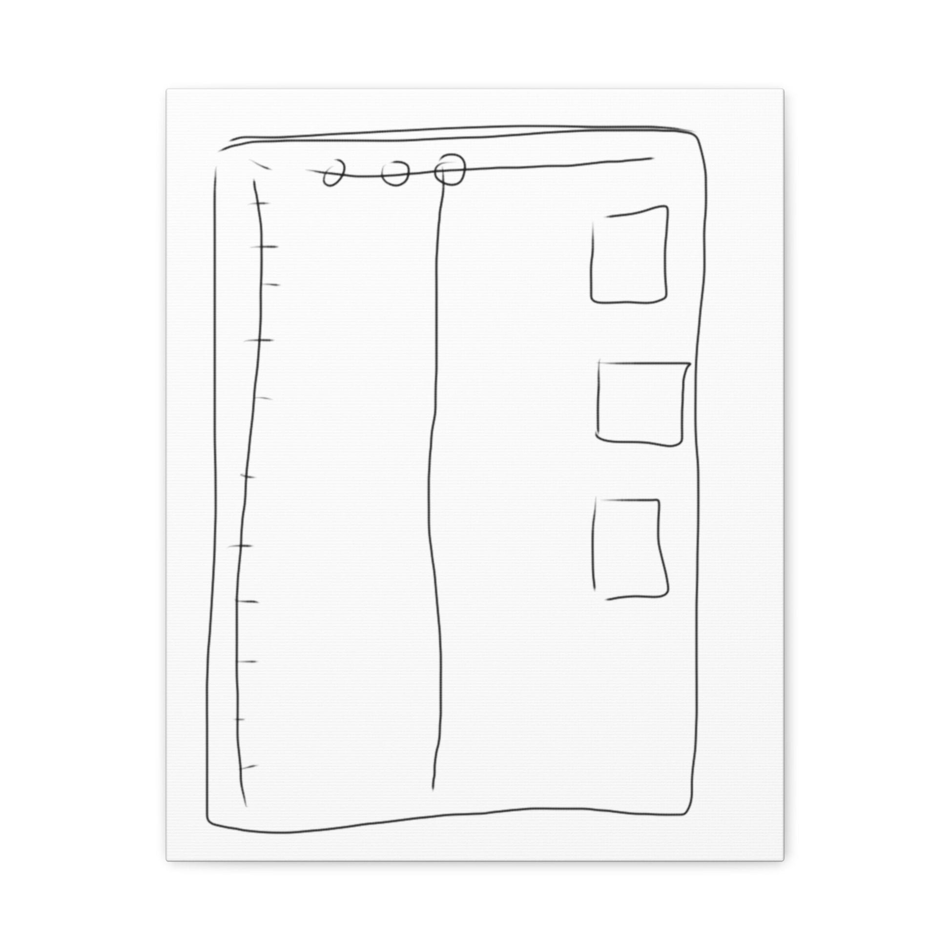 Black line drawing of a rectangular object with circular elements on a white background.