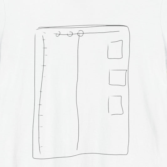 White t-shirt with an abstract line drawing.