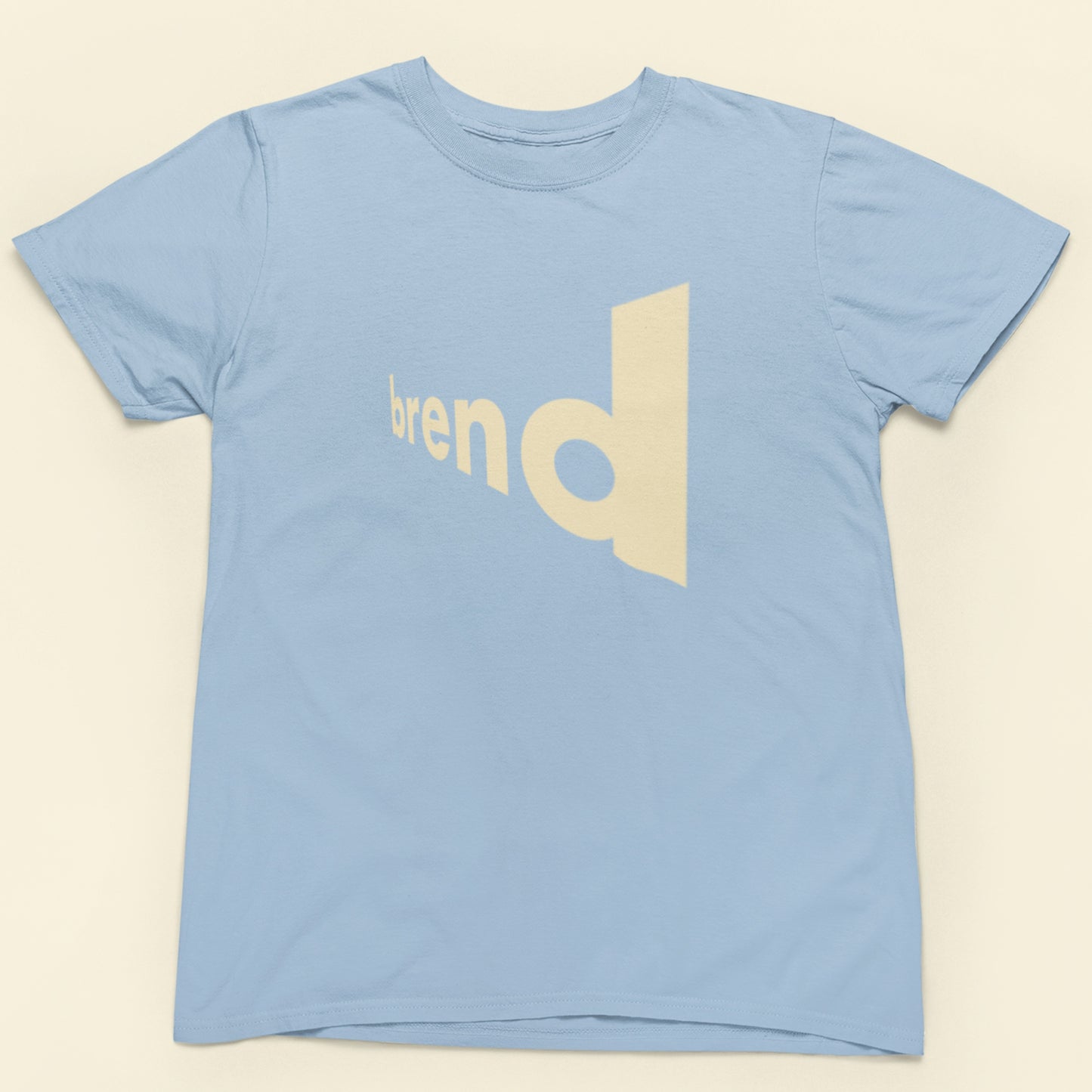 Baby blue shirt with extreme angled text name of brend