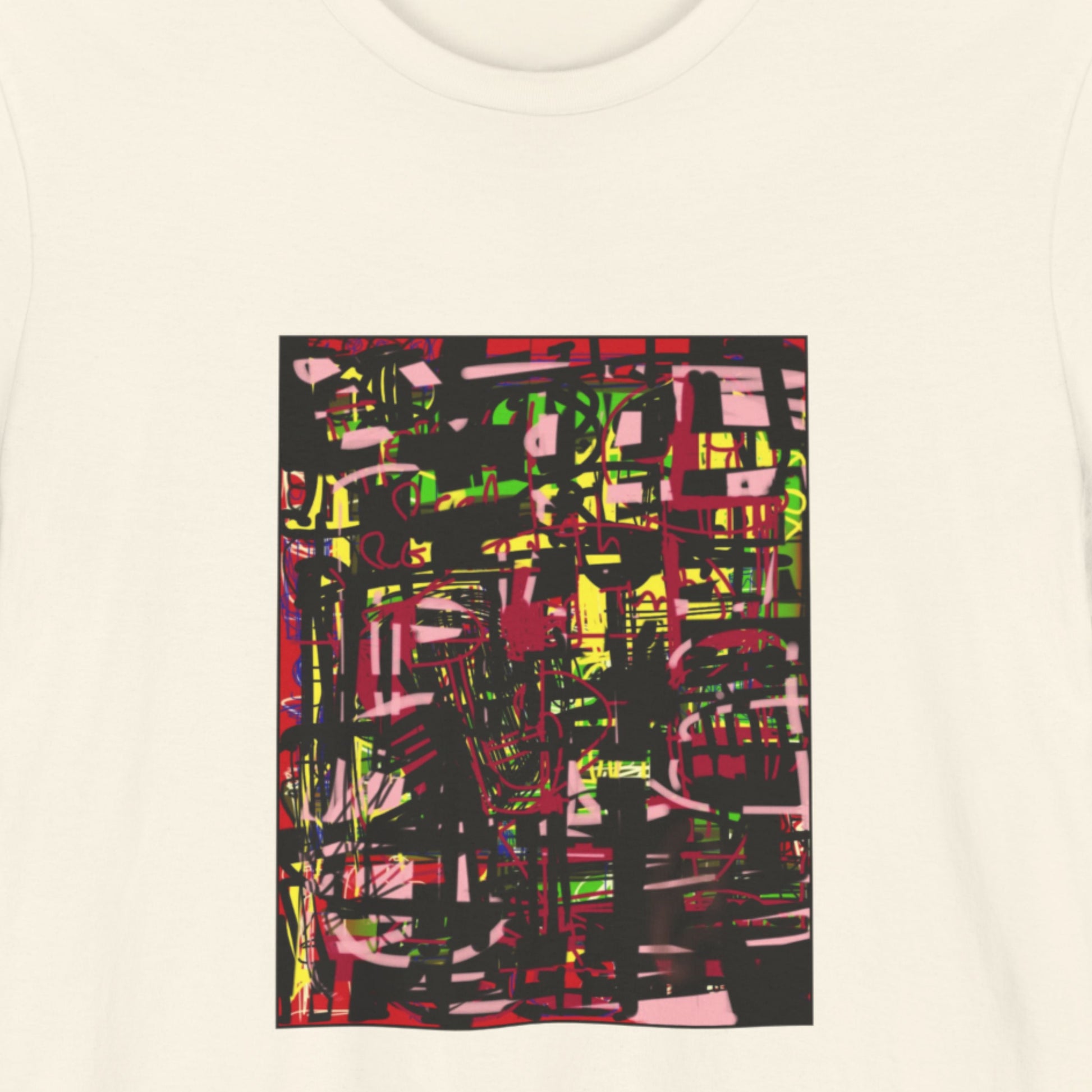 Off-White t-shirt with a colorful abstract drawing.