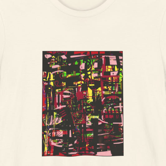 Off-White t-shirt with a colorful abstract drawing.
