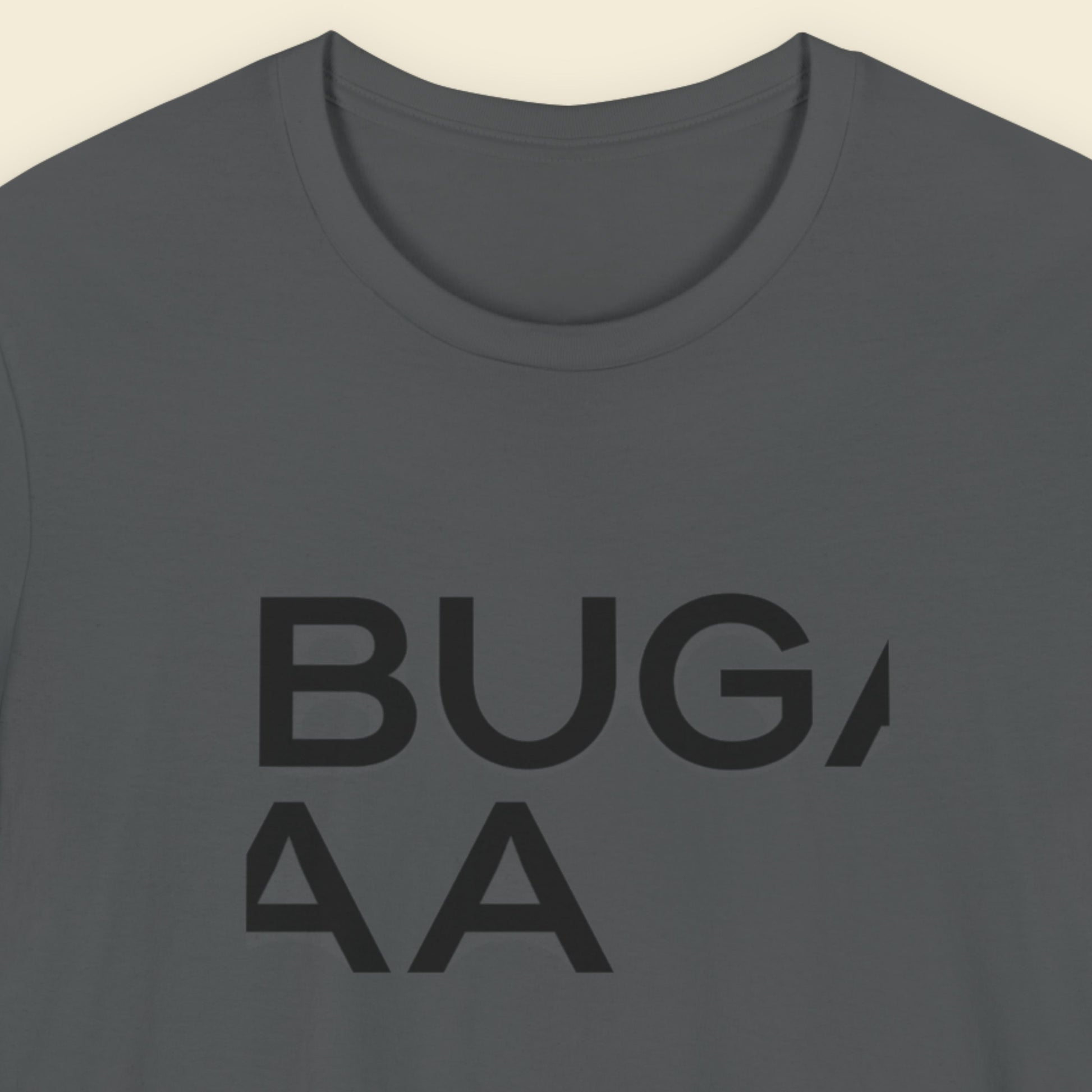 Gray t-shirt with 'BUGAA' text on a beige background