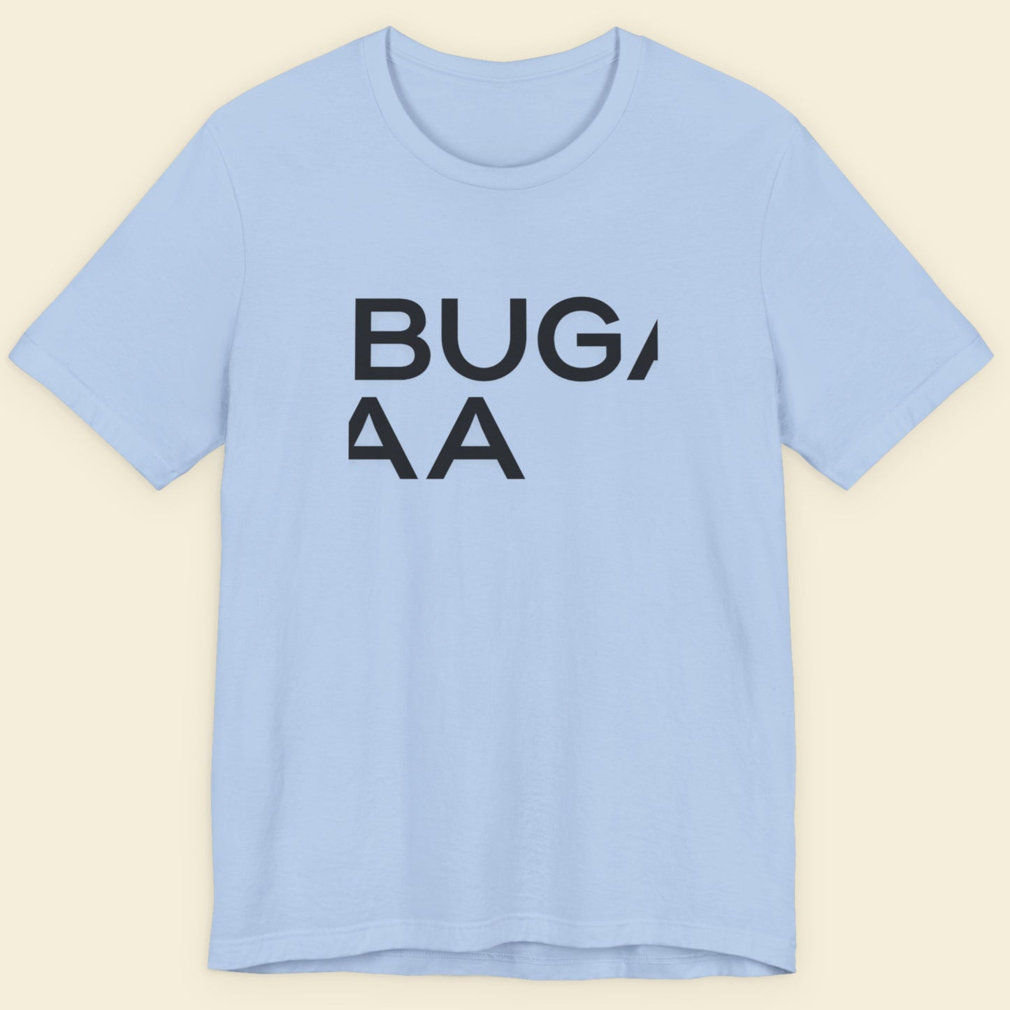 Light blue t-shirt with black text on a beige background
